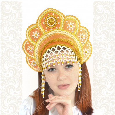Кокошник Москвичка, оранжевый с золотом- фото 1