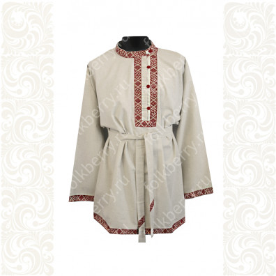 Косоворотка Оберег, лен небеленый с красным- фото 1